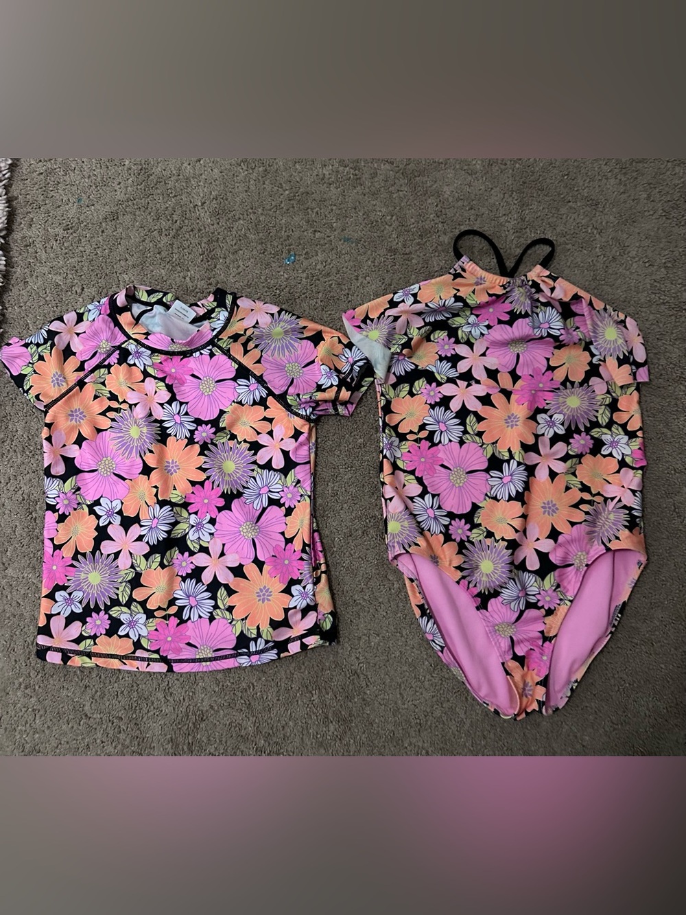 wonder nation Pink & Orange Floral Kids Rashguard Set